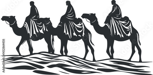 Silhouette illustration of three riders on camels traveling across desert sand dunes in a caravan.