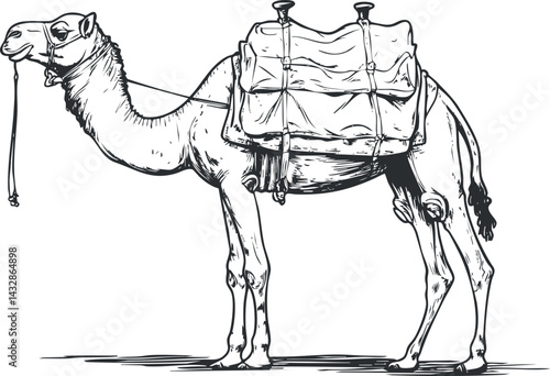 Black and white sketch of a camel with a saddle and packs for carrying loads in desert travel.
