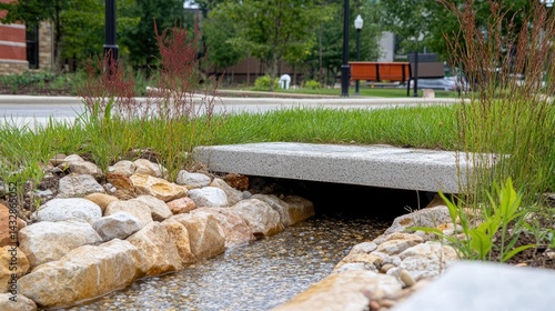 Drainage channel end outlet with riprap apron discharging to grass swale