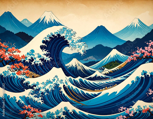 Traditional Meets Modern Wave Art with Fiery Sunset