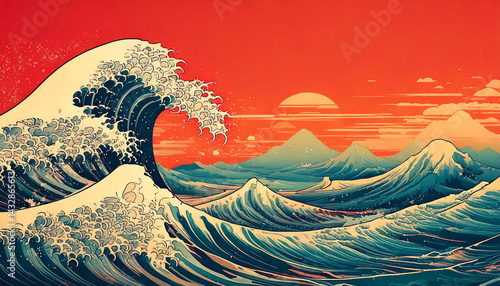 Vibrant Digital Seascape with Rising Waves and Sun Japanese