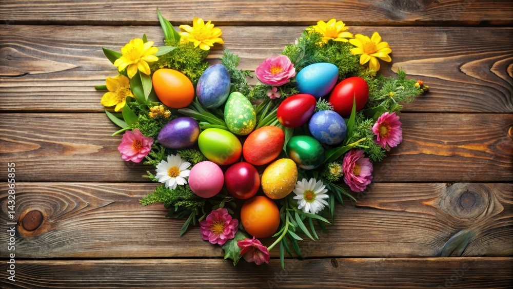 A group of colorful Easter eggs arranged in a triangular formation on a wooden table, surrounded by fresh flowers and lush greenery , seasonal decor, spring decoration A group of colorful Easter eggs arranged in a triangular formation on a wooden table, surrounded by fresh flowers and lush greenery , seasonal decor, spring decoration