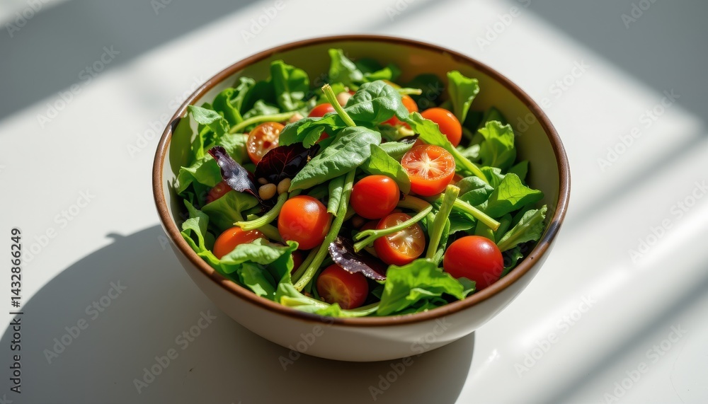 A bowl of mixed greens placed on the left side with light shadows A bowl of mixed greens placed on the left side with light shadows