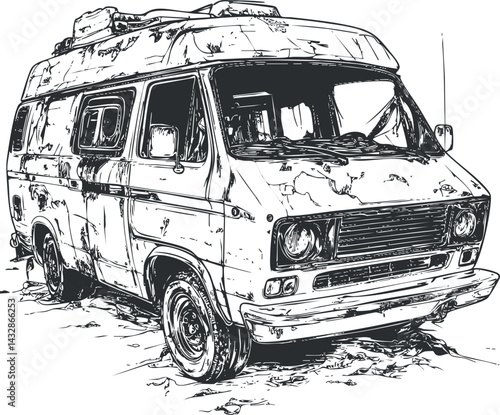 Black and white sketch of an old rusty camper van parked outdoors with visible wear and damage