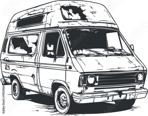 Black and white illustration of an old camper van used for travel and outdoor adventures on road trips