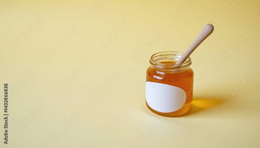 Small jar of honey placed to the right on clean pastel yellow background Small jar of honey placed to the right on clean pastel yellow background