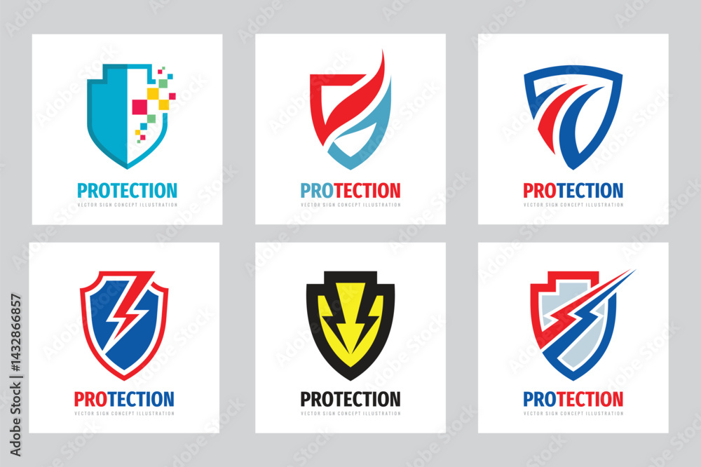 Shield protection vector logo set concept illustration. Abstract shield icon signs. Graphic design elements.