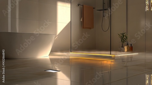 Frameless glass partition being leveled on tiled bathroom floor