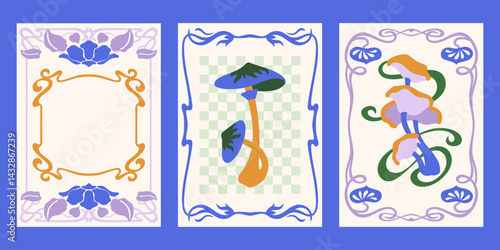 Art Nouveau style vector posters set. Vintage abstract print designs with mushrooms, florals whimsical frames, checkered background