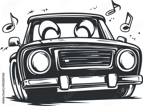 Black and white cartoon illustration of a car with expressive eyes and musical notes around it