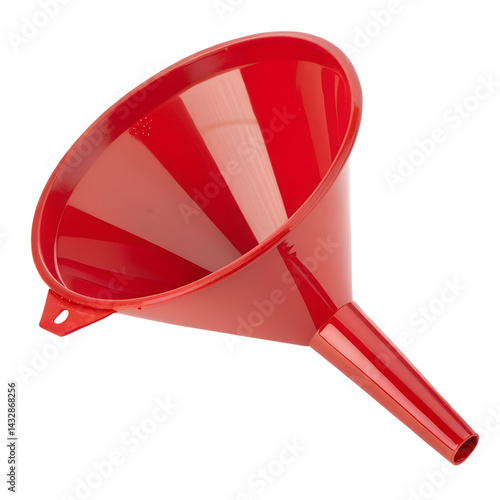 funnel isolated on white. red plastic funnel for liquids.