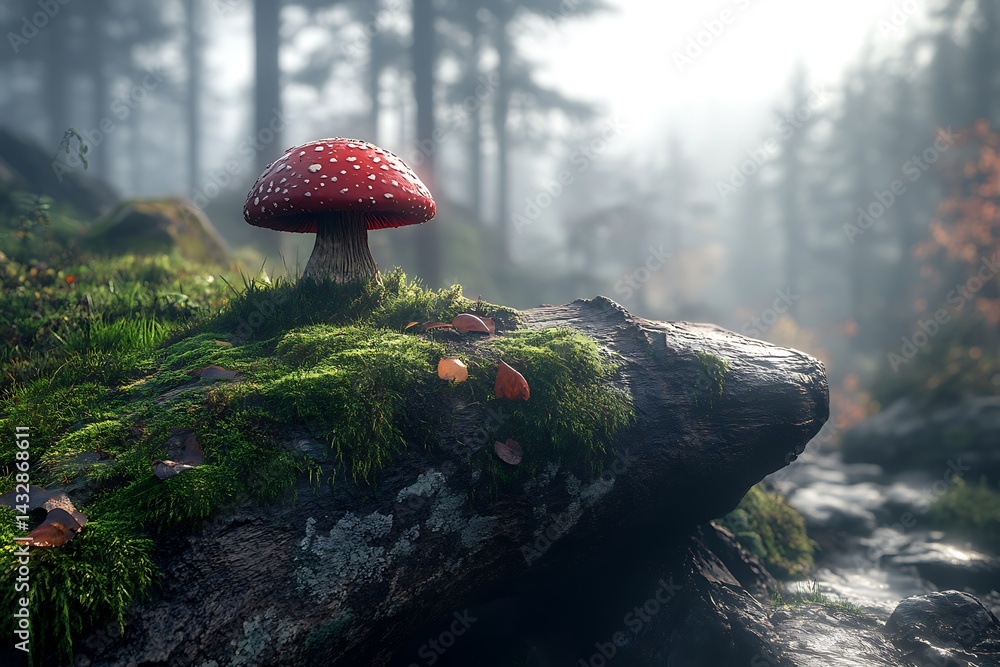 Mushroom on rock, foggy forest