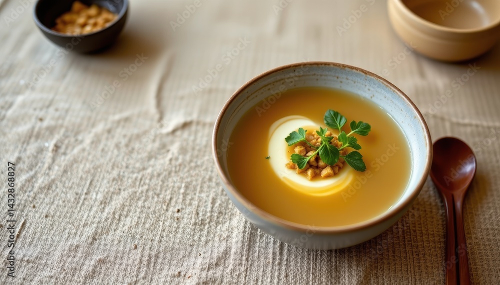Miso soup in ceramic bowl placed right, minimal setup Miso soup in ceramic bowl placed right, minimal setup