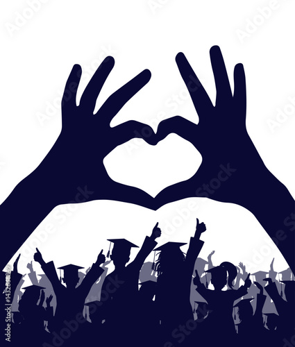 Two hands forming heart shape silhouette on background of cheerful crowd of graduate students. Graduation ceremony. Vector illustration