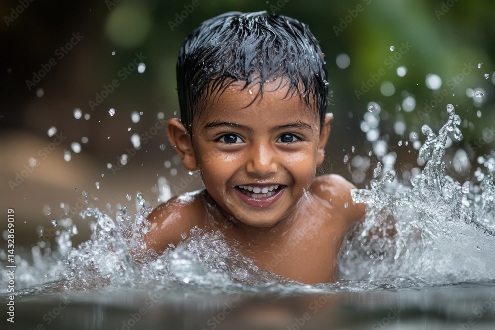 Joyful young boy splashing in water with a bright smile capturing the essence of childhood fun and innocence against a blurred natural background Joyful young boy splashing in water with a bright smile capturing the essence of childhood fun and innocence against a blurred natural background