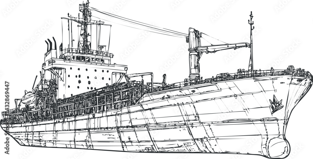Obraz premium Detailed black and white sketch of a large cargo ship used for maritime freight and transportation