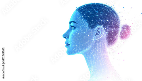 A holographic 3D representation of a human face in profile isolated on transparent Bg in Png format 