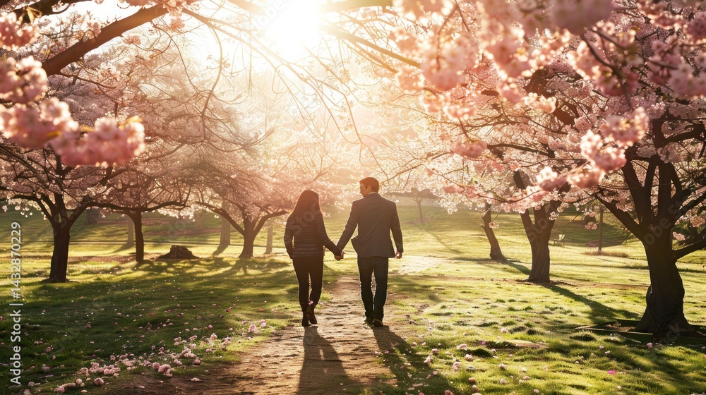 Fototapeta premium Couple walking hand in hand under cherry trees