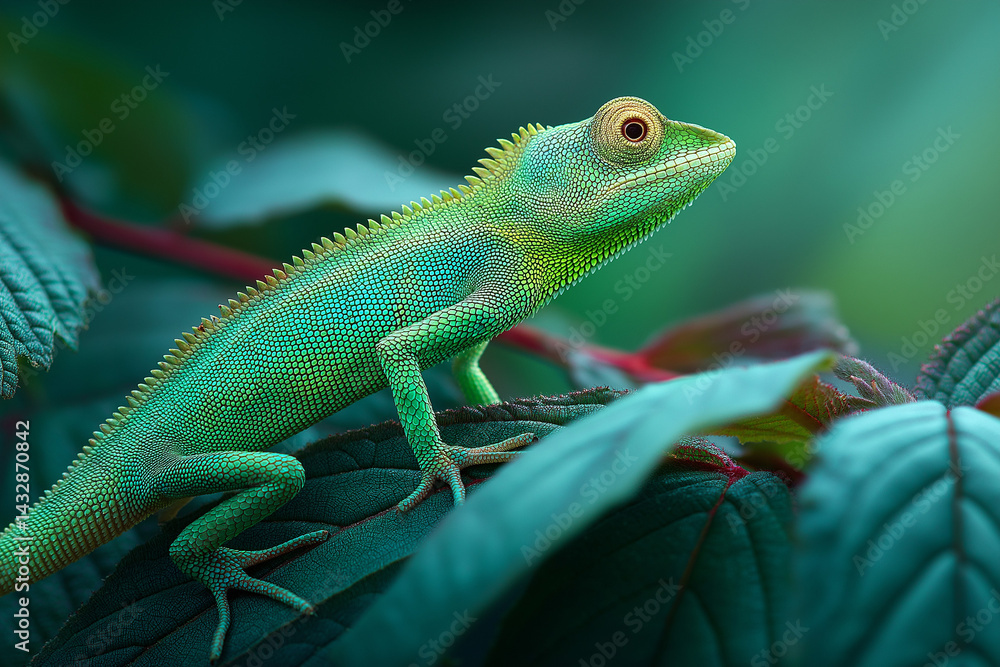 Fototapeta premium A small green chameleon sits on leaf