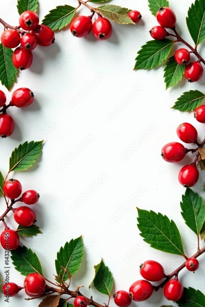 Flat lay frame with vibrant rowan berries and leaves on white background, isolated, autumn Flat lay frame with vibrant rowan berries and leaves on white background, isolated, autumn