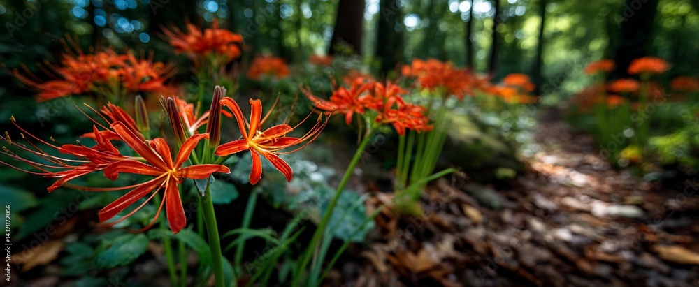 Forest scene with vibrant orange spider lilies near a pathway Forest scene with vibrant orange spider lilies near a pathway