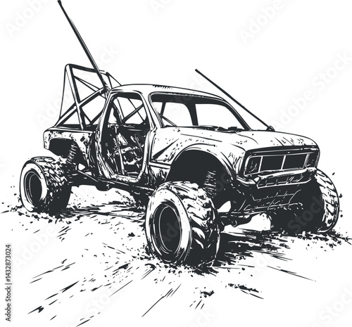 Black and white drawing of an offroad monster truck kicking up mud on rough terrain