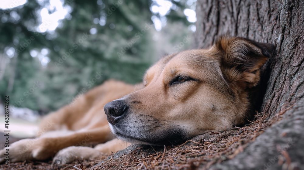 Fototapeta premium Dog resting peacefully under tree in forest 