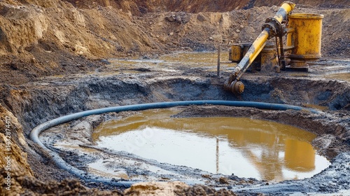 Slurry grout pump and hoses staged next to open soil excavation