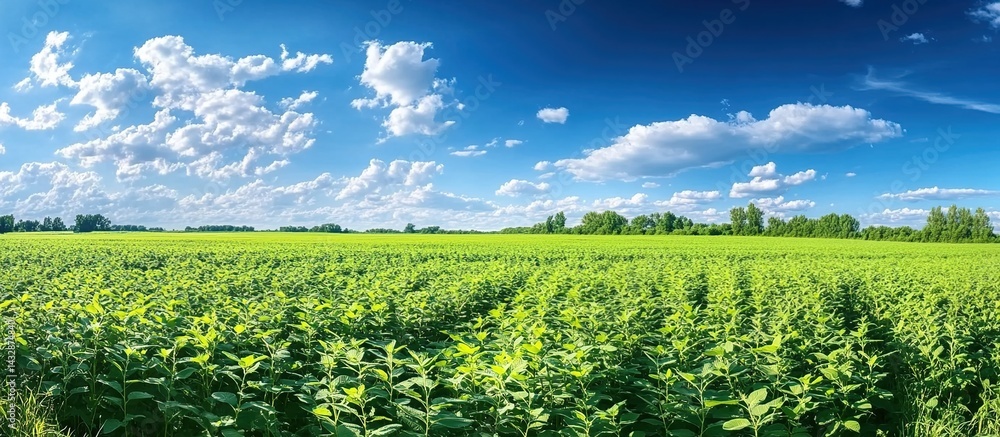 Fototapeta premium Lush green crop field under blue sky with trees on one side.
