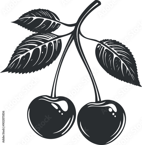 Wallpaper Mural Black and white silhouette illustration of two ripe cherries with detailed leaves and stems isolated on white background Torontodigital.ca