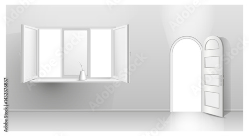White plastic window frame on a neutral background.
 Wide realistic open window with slopes and window sill,
 office. Template layout for interior design.
 Vector illustration