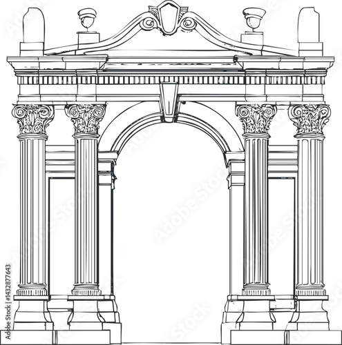Detailed line drawing of a classical stone arch entrance with Corinthian columns and ornate decorative elements.