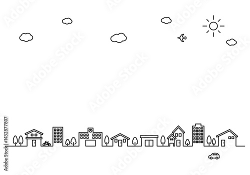 シンプルな街並みと空の線画フレームイラスト