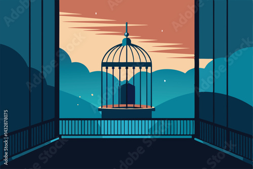 empty birdcage on veranda in rain 