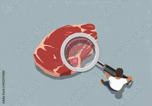 Man holding large magnifying glass over raw steak meat, exposing bacteria
