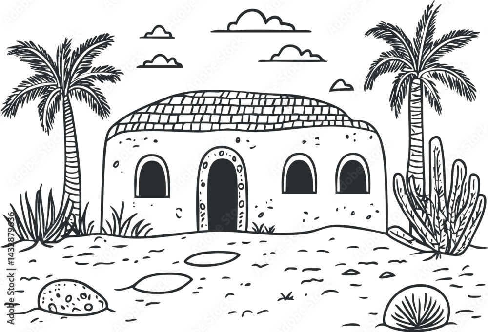 Obraz premium Black and white illustration of a desert house surrounded by palm trees, cactus, and stones under a cloudy sky