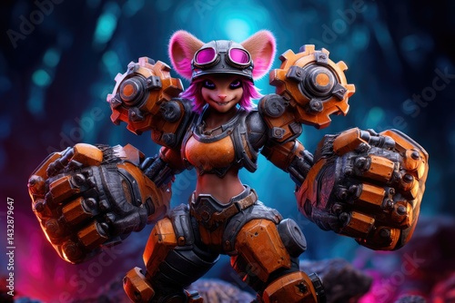 Powerful, futuristic rodent figure in dynamic pose.