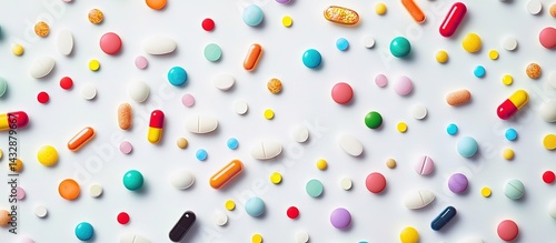 Colorful pills and capsules scattered on a white background.