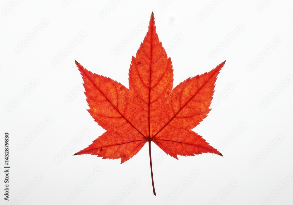 A single red maple leaf centered on white background A single red maple leaf centered on white background