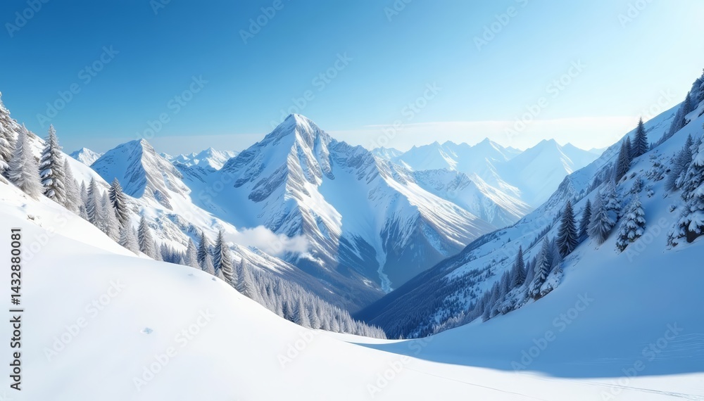 Fototapeta premium Fresh powder snow covering rugged mountain peaks, landscape, majestic