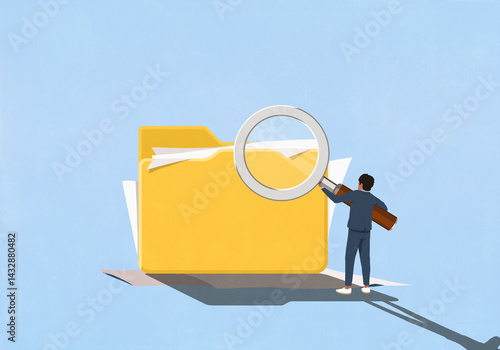 Businessman holding large magnifying glass over large messy file folder with paperwork
