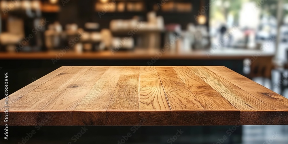 Close-up of wooden table with blurred coffee shop counter. Close-up of wooden table with blurred coffee shop counter.