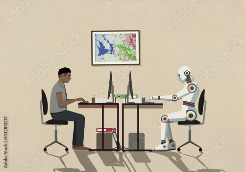Man and humanoid robot working face to face at computers
