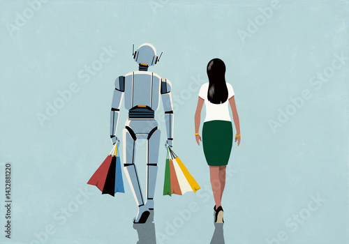 Woman walking next to humanoid robot carrying shopping bags
