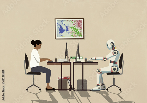 Woman and humanoid robot working face to face at desks
