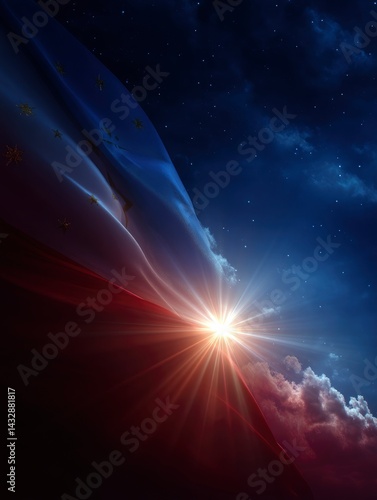Philippines Flag Waving in the Night Sky with a Sun Shining