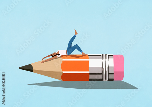 Carefree young woman stretching on pencil nub
