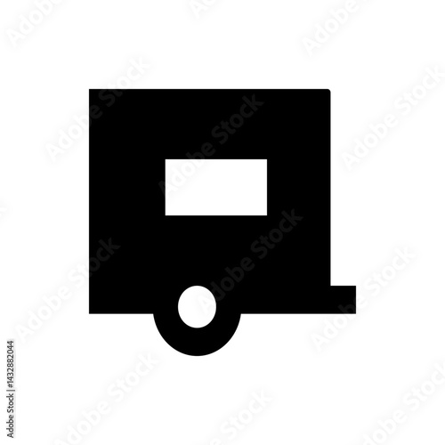 Stylized black silhouette of a boxy vehicle with a single wheel and a rectangular window element present