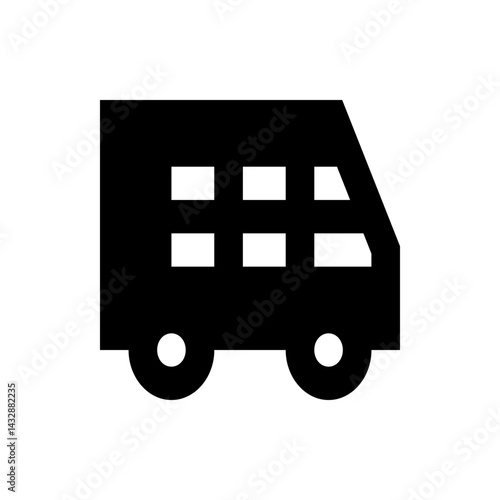 Illustration of a black van with rectangular windows and circular wheels on a white background design art