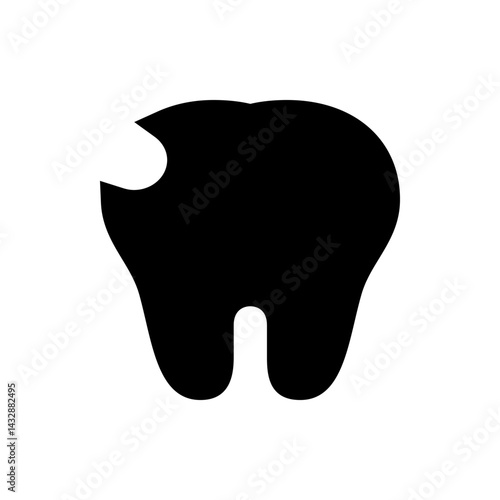 Black silhouette of a tooth with a cavity on a white background in a simple graphic illustration
